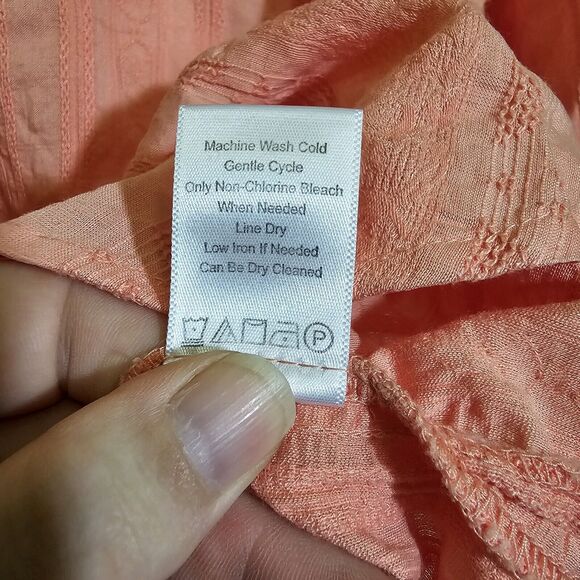 Coldwater Creek Women’s Shirt XL Peach Melon Textured Floral Stripes 3/4 Blouse - Picture 6 of 10